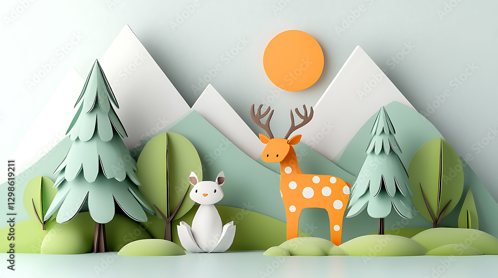 Playful wildlife scene enchanted forest paper craft artwork whimsical environment vibrant viewpoint nature concept Playful wildlife scene enchanted forest paper craft artwork whimsical environment vibrant viewpoint nature concept