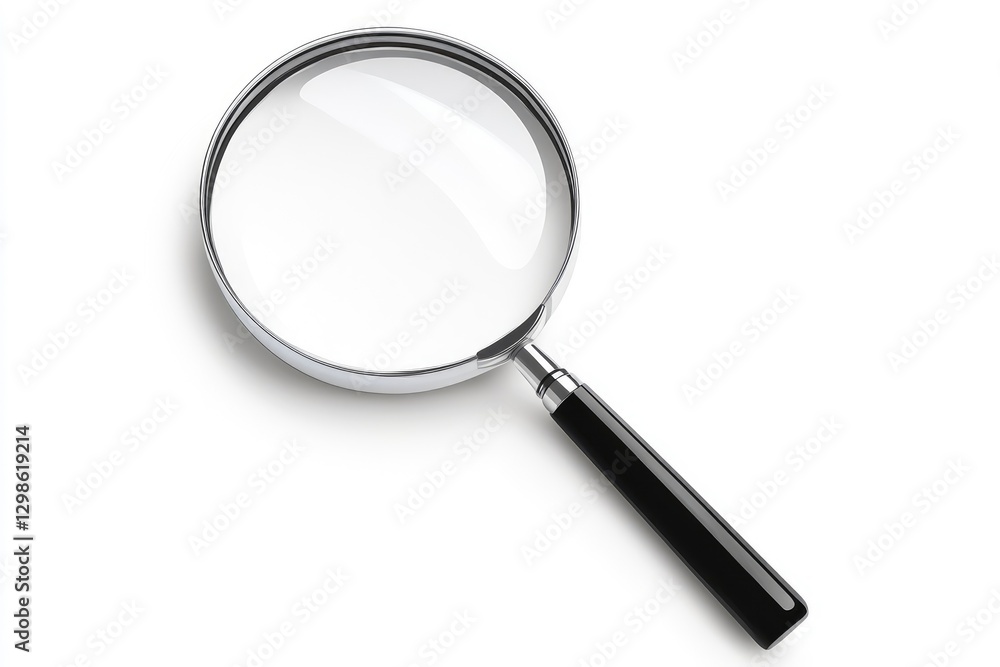 magnifying glass isolated on the left side of the page, with white space around all sides of the illustration, black handle and magnification glass, magnifying glass isolated on the left side of the page, with white space around all sides of the illustration, black handle and magnification glass,