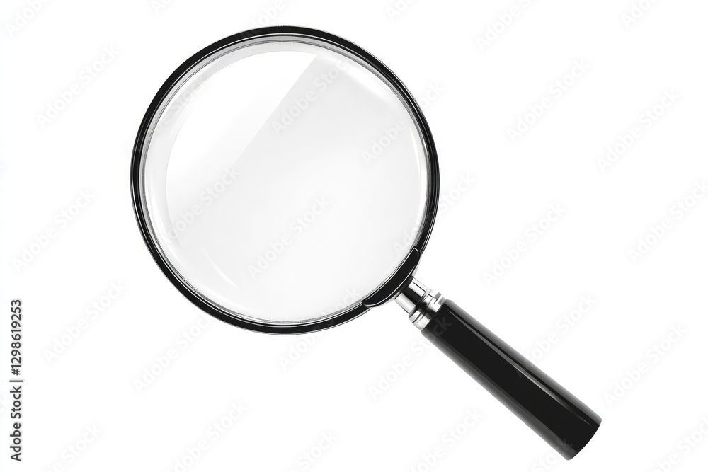 magnifying glass isolated on the left side of the page, with white space around all sides of the illustration, black handle and magnification glass, magnifying glass isolated on the left side of the page, with white space around all sides of the illustration, black handle and magnification glass,