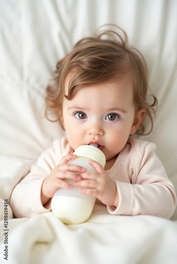 Adorable baby drinking milk from bottle on white blanket. Infant nutrition and care concept. Mother's Day, Children's Day, World Breastfeeding Week. Family lifestyle portrait Adorable baby drinking milk from bottle on white blanket. Infant nutrition and care concept. Mother's Day, Children's Day, World Breastfeeding Week. Family lifestyle portrait