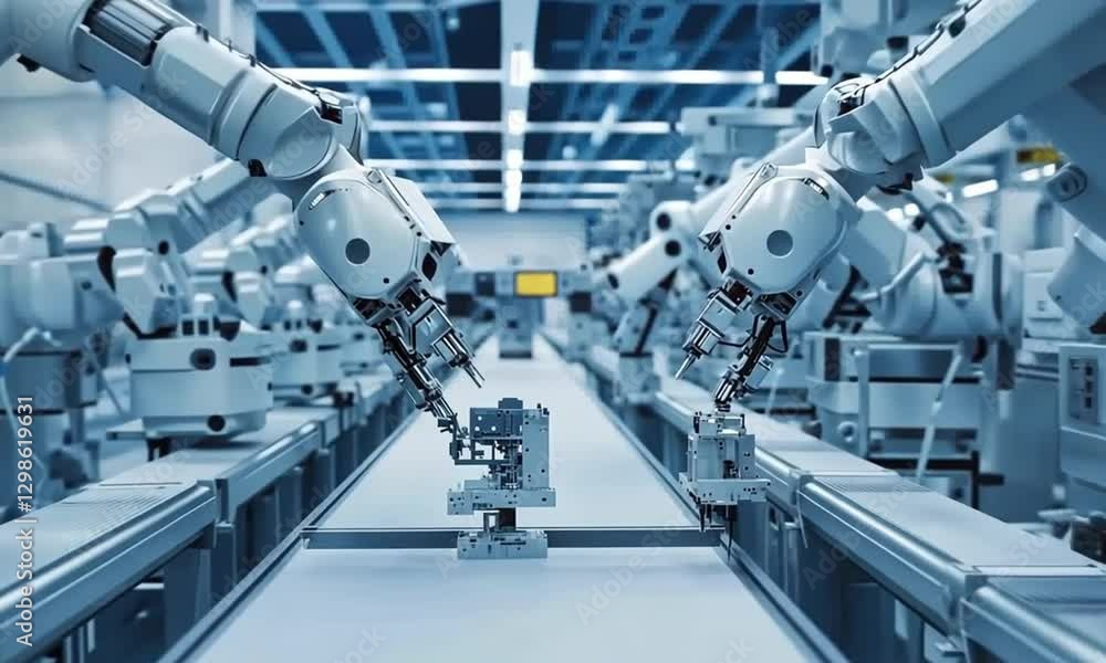 Automated Industrial Assembly Line with Robotic Arms Automated Industrial Assembly Line with Robotic Arms