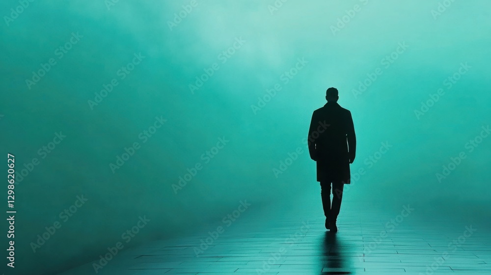 Cinematic shot of a silhouette walking in slow motion through a foggy city street at night Cinematic shot of a silhouette walking in slow motion through a foggy city street at night