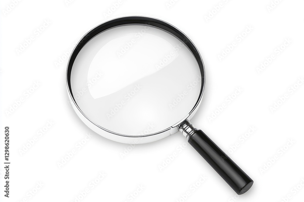 magnifying glass isolated on the left side of the page, with white space around all sides of the illustration, black handle and magnification glass, magnifying glass isolated on the left side of the page, with white space around all sides of the illustration, black handle and magnification glass,