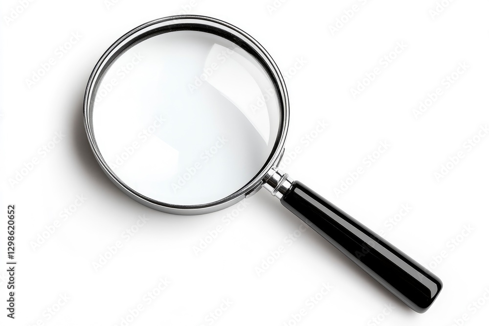magnifying glass isolated on the left side of the page, with white space around all sides of the illustration, black handle and magnification glass, magnifying glass isolated on the left side of the page, with white space around all sides of the illustration, black handle and magnification glass,