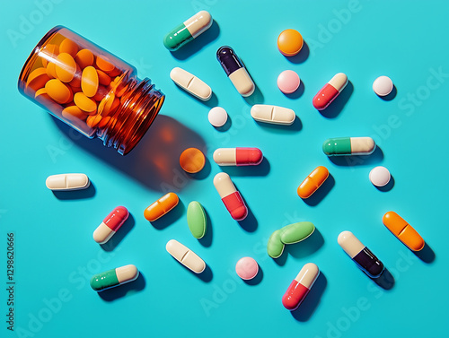 Spilled Pill Bottle with Colorful Capsules on Blue Background
