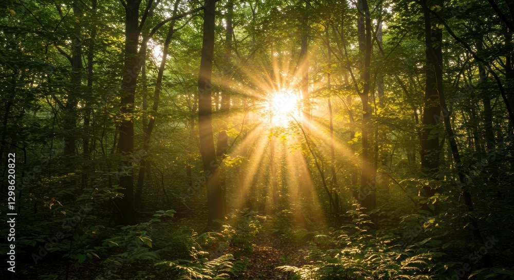 Fototapeta premium Sunlit Forest: Sunlight bursts through the lush canopy of a vibrant forest, illuminating the scene and creating a sense of awe. 