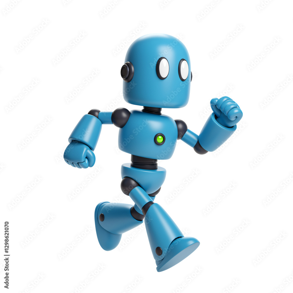 A cheerful, cartoonish blue robot is depicted in a dynamic running stance A cheerful, cartoonish blue robot is depicted in a dynamic running stance