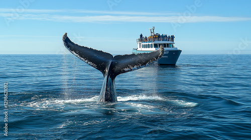 Humpback Whale Tail breaching the surface of blue ocean near a whale spotting ship Whales Watching Tour