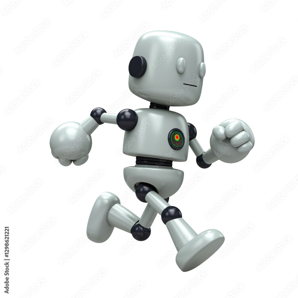 A light gray, cartoonish robot is depicted in a full-motion running stance A light gray, cartoonish robot is depicted in a full-motion running stance