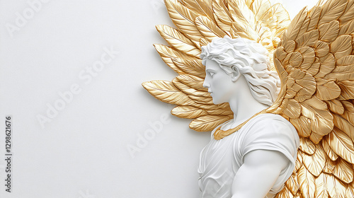 A modern 3D image of Michael (Archangel) painted in gold, symbolizing divinity and glory. The wall format suggests a connection with iconography and the tradition of wall painting.