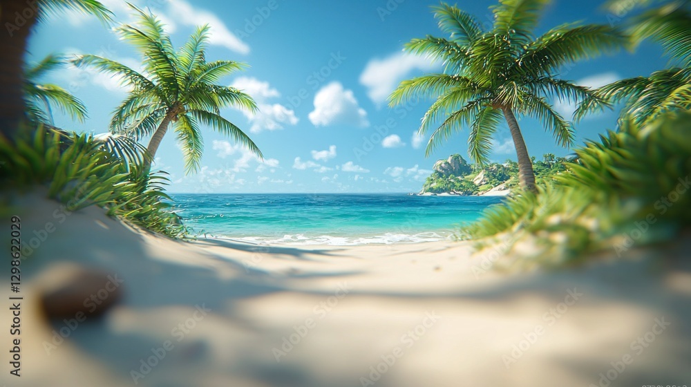 Obraz premium Tropical beach paradise, palm trees, ocean view, sunny day, vacation