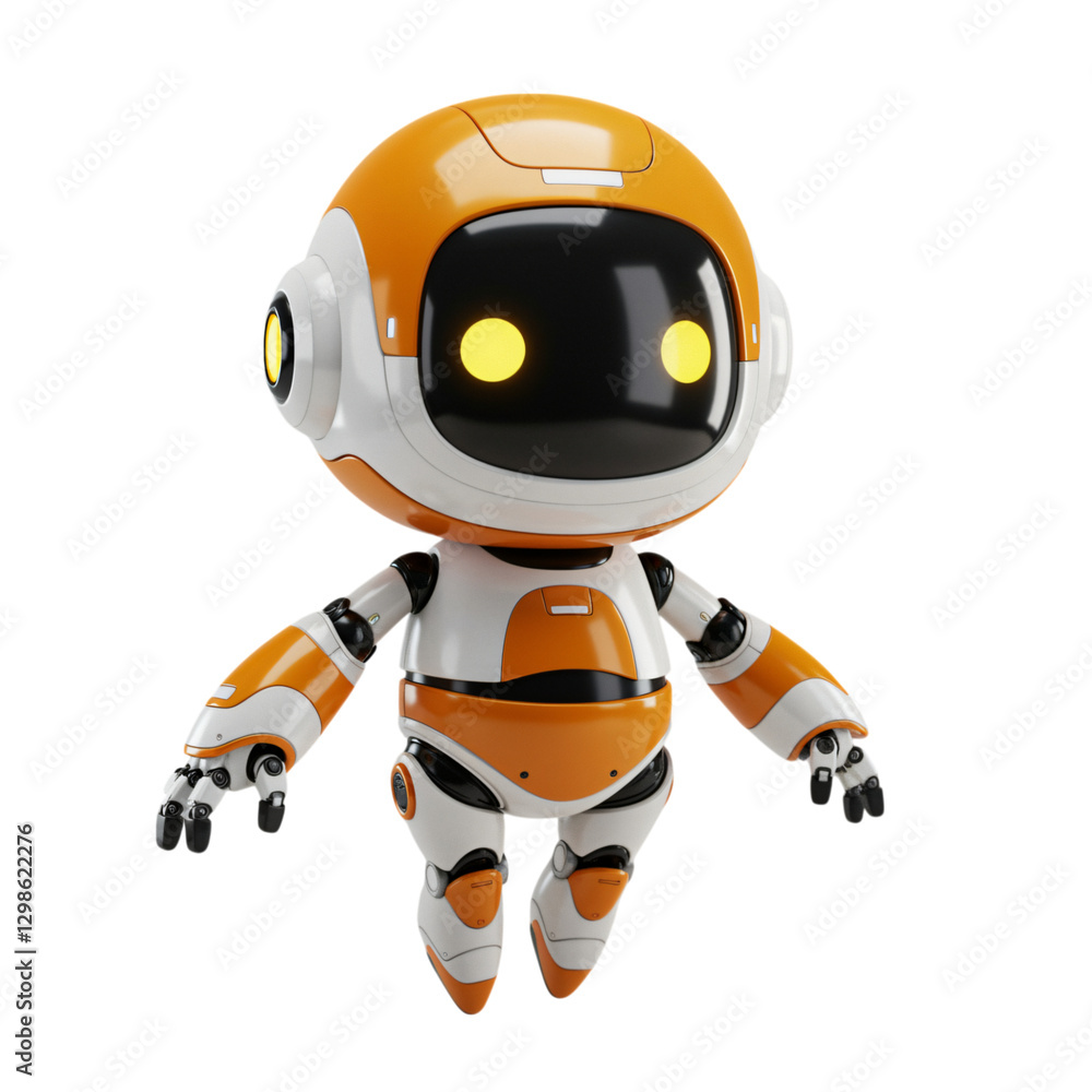 A charming 3D model of a small, orange robot with white accents, appears to be floating in the air against a transparent background A charming 3D model of a small, orange robot with white accents, appears to be floating in the air against a transparent background