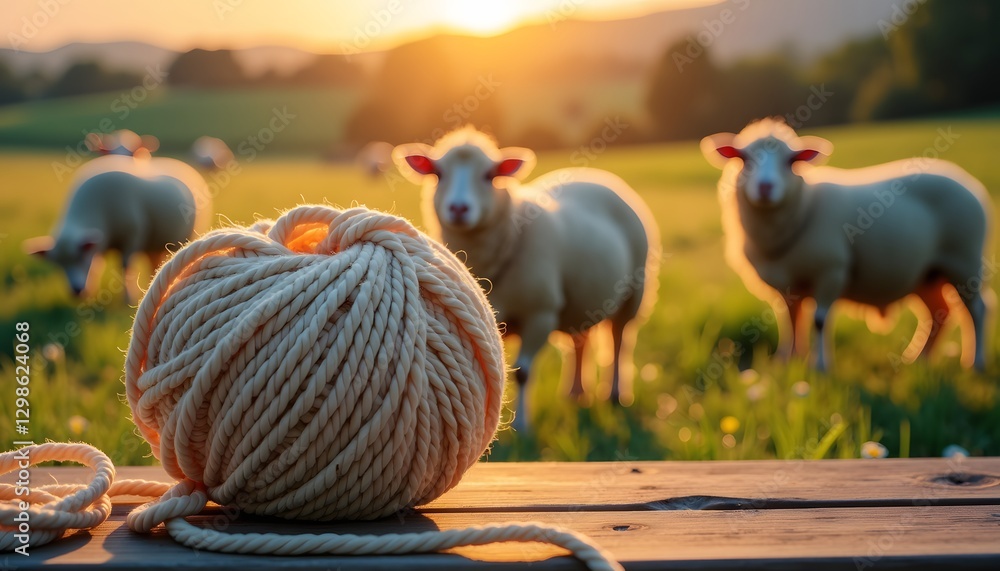 Obraz premium Yarn rests on a table while sheep graze in a sunset field