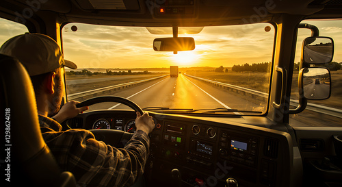 Inside view of a truck cab with a man driving on the highway as the sun rises, creating a warm glow
