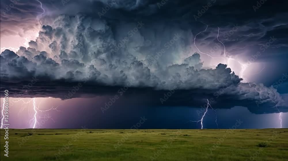 Majestic Supercell Thunderstorm with Lightning Strikes over Plains Majestic Supercell Thunderstorm with Lightning Strikes over Plains