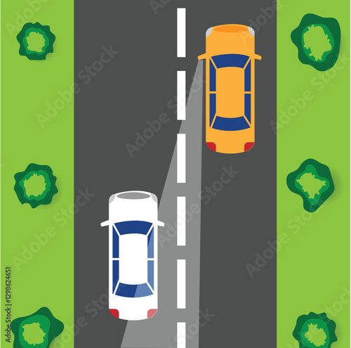 Car Side Mirror Blind Spot Top View. Safety on the road and traffic issues concept vector art