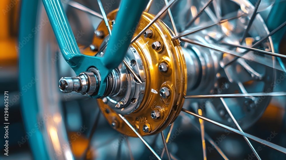 Obraz premium Detailed Close-up Shot of Bicycle Wheel Hub with Disc Brake Components in a Workshop Setting