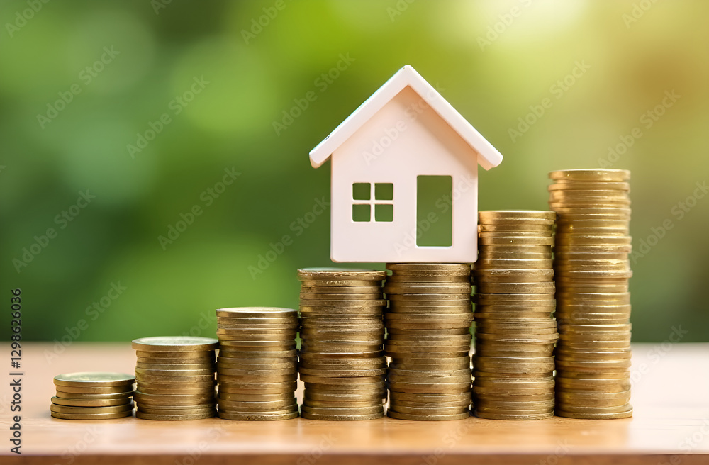 Model house with stacks of coins, symbolizing real estate investment and financial growth for homeowners and investors . Selective focus, blurred background. Model house with stacks of coins, symbolizing real estate investment and financial growth for homeowners and investors . Selective focus, blurred background.