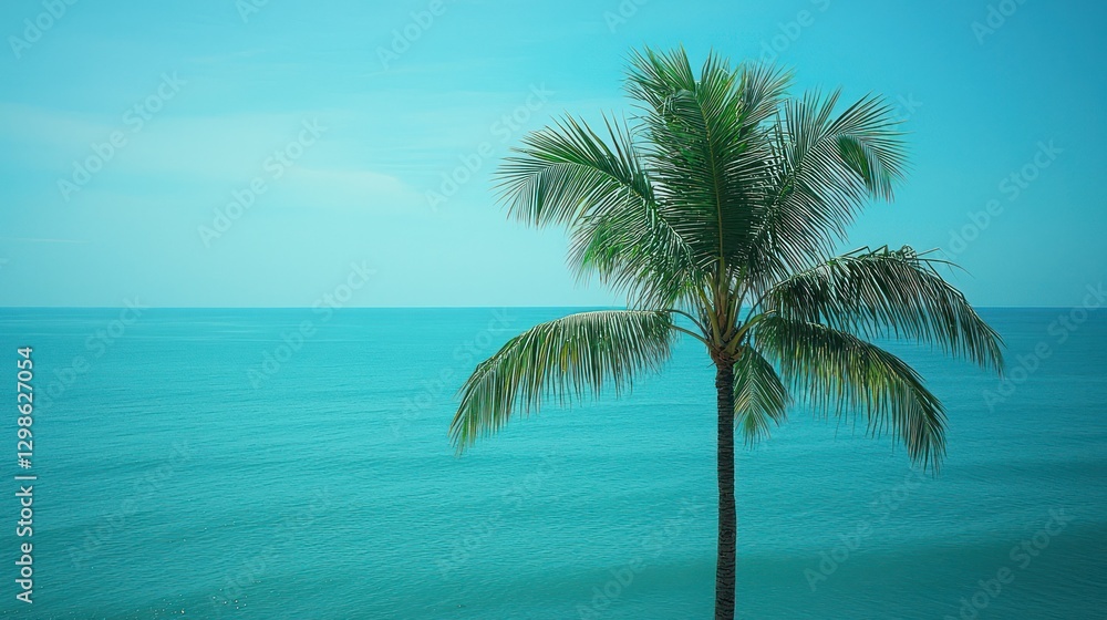 Tropical palm tree ocean view, calm sea, clear sky, summer vacation Tropical palm tree ocean view, calm sea, clear sky, summer vacation