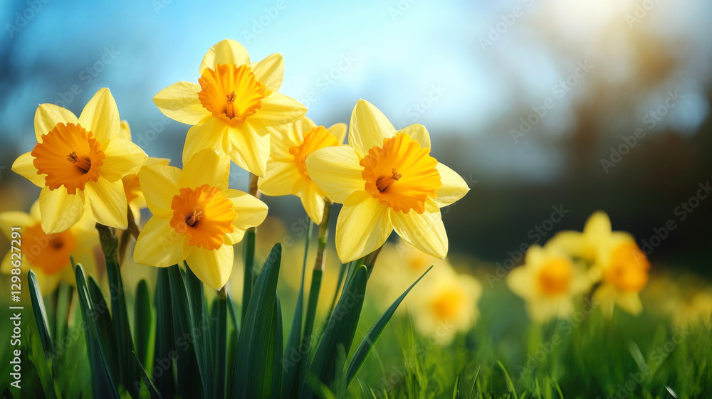 Yellow daffodils in the field. Blooming flowers in spring. Blurred background. Yellow daffodils in the field. Blooming flowers in spring. Blurred background.