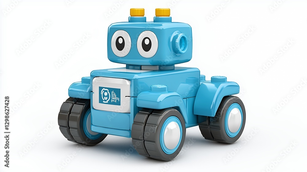 Fototapeta premium Playful Light Blue Robot Toy with Chunky Wheels on White Background