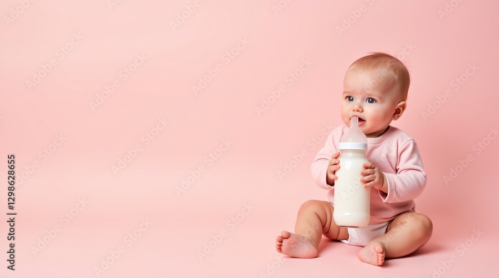 Baby drinking milk from bottle on pink background with copy space. Infant nutrition concept. Mother's Day, Children's Day, World Breastfeeding Week design Baby drinking milk from bottle on pink background with copy space. Infant nutrition concept. Mother's Day, Children's Day, World Breastfeeding Week design