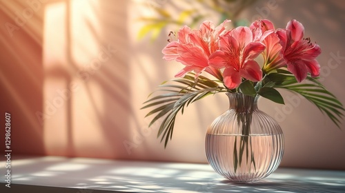 Elegant Glass Vase Holding a Beautiful Tropical Flower Arrangement With Soft Lighting