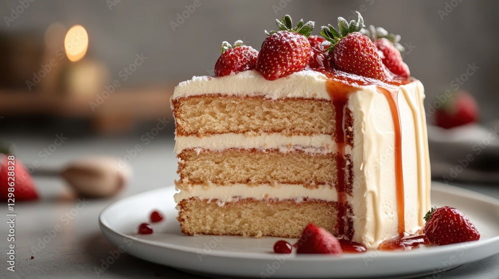 A delectable slice of layered cake drizzled with strawberry sauce, inviting viewers to savor the scrumptious flavors of this irresistible dessert. A delectable slice of layered cake drizzled with strawberry sauce, inviting viewers to savor the scrumptious flavors of this irresistible dessert.