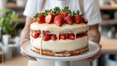 Wallpaper Mural A beautifully crafted homemade cake topped with fresh strawberries, held by a chef in an inviting kitchen setting, showcasing a passion for culinary arts. Torontodigital.ca