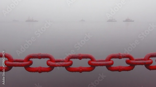 Bright red chain contrasts with foggy marine landscape, evoking