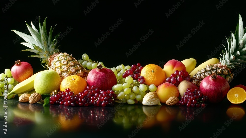 Colorful Fruit Still Life with Reflective Surface Colorful Fruit Still Life with Reflective Surface