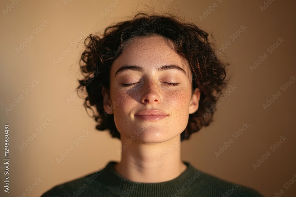 Serene portrait captures joy and calmness with soft lighting and