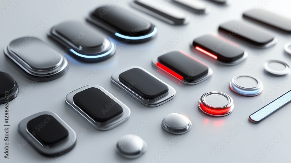 Sleek Metallic Buttons with Glowing Accents on Gray Background