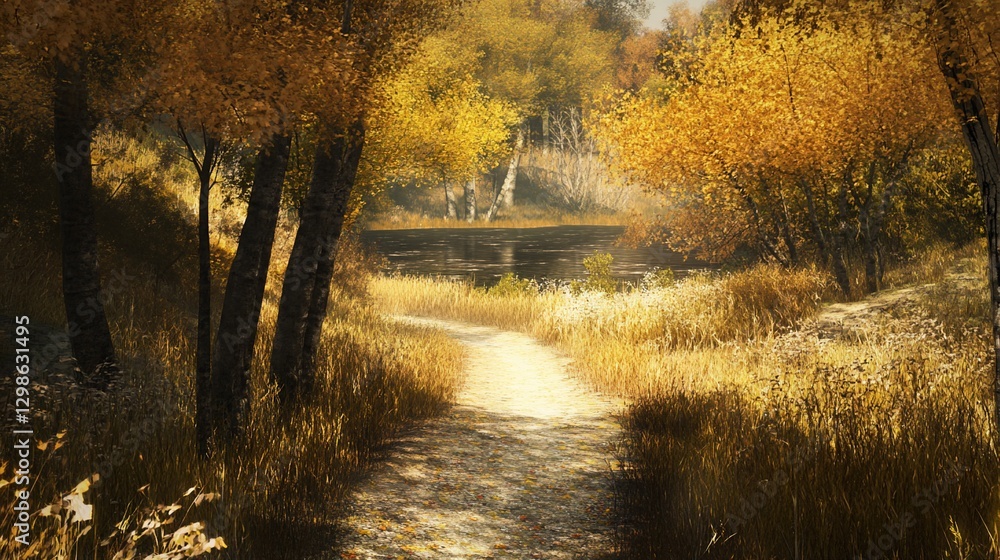 Obraz premium A serene autumn pathway leading towards a tranquil pond amidst golden trees