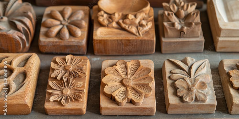 Hand-carved wooden blocks with floral designs Hand-carved wooden blocks with floral designs