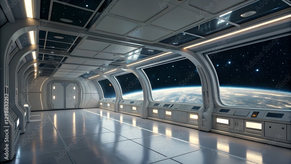 Obraz premium Spaceship Corridor with Earth View