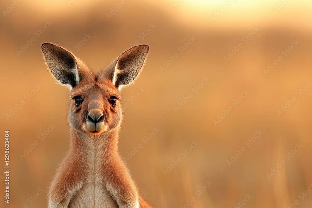 Fototapeta premium Gentle kangaroo stands in golden grass, illuminated by warm suns
