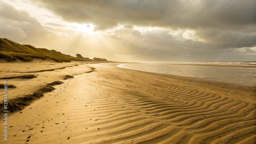 Fototapeta premium Sunbeams on Sandy Beach at Sunset