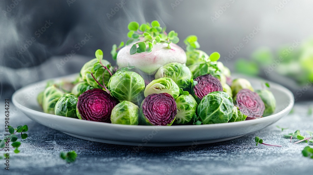 Avant-garde plated Brussels sprouts with beetroot-infused foam and microgreens, modern fine-dining setting, moody gray background Avant-garde plated Brussels sprouts with beetroot-infused foam and microgreens, modern fine-dining setting, moody gray background