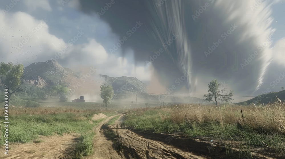 Fototapeta premium Surreal rural landscape with an enigmatic atmospheric phenomenon