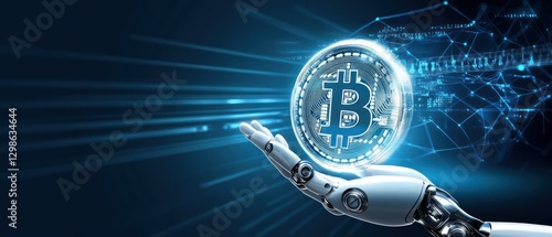 Robotic Hand Holding Holographic Bitcoin Symbol