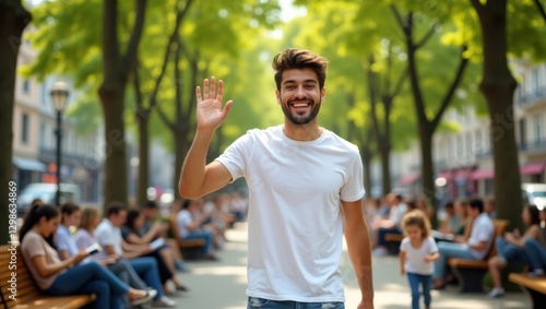 Hombre joven sonriente saludando alegremente en un bullicioso parque de la ciudad con árboles iluminados por el sol y gente relajándose en los bancos photo