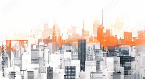 Nowoczesna panorama miasta z abstrakcyjnym pomarańczowym gradientem — stylizowana ilustracja koncepcyjna architektury i urbanistyki
