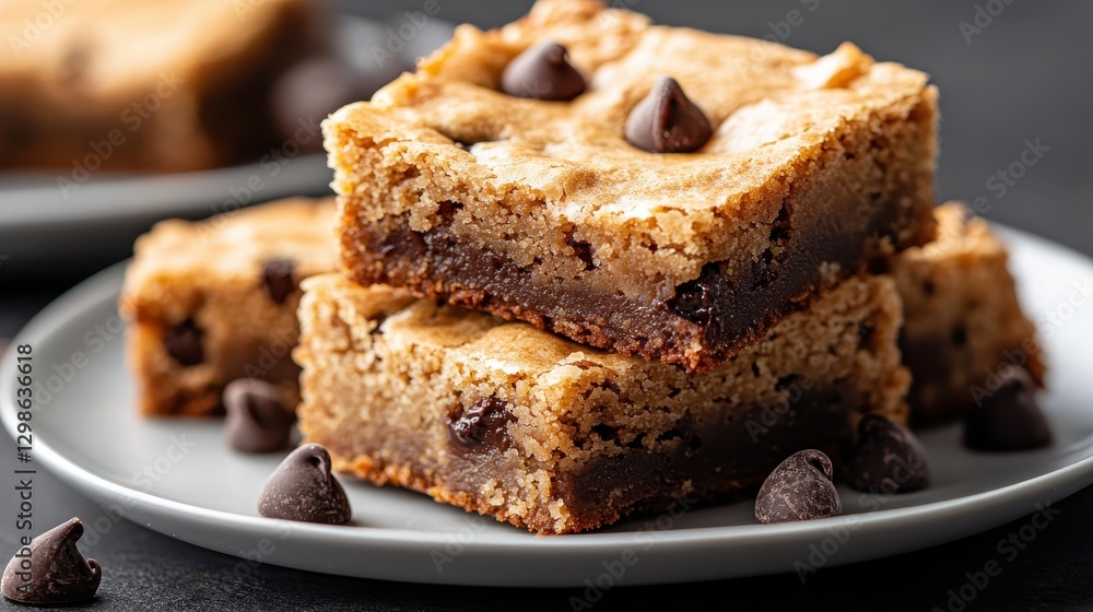 An enticing arrangement of gooey chocolate chunk brownies stacked atop one another, garnished with chocolate chips against a textured backdrop. An enticing arrangement of gooey chocolate chunk brownies stacked atop one another, garnished with chocolate chips against a textured backdrop.