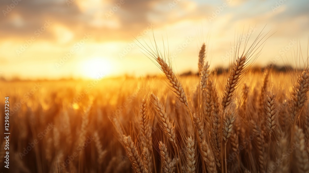 Obraz premium This beautiful image features a vast wheat field glowing warmly in the dusk light, symbolizing the richness of harvest and the cycles of nature.