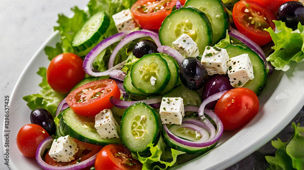 Greek salad of fresh cucumber, tomato, sweet pepper, lettuce, red onion, feta cheese and olives with olive oil on a white background.