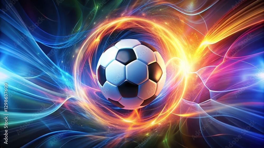 Fototapeta premium Vibrant abstract background with swirling energy field surrounding a glowing soccer ball in motion