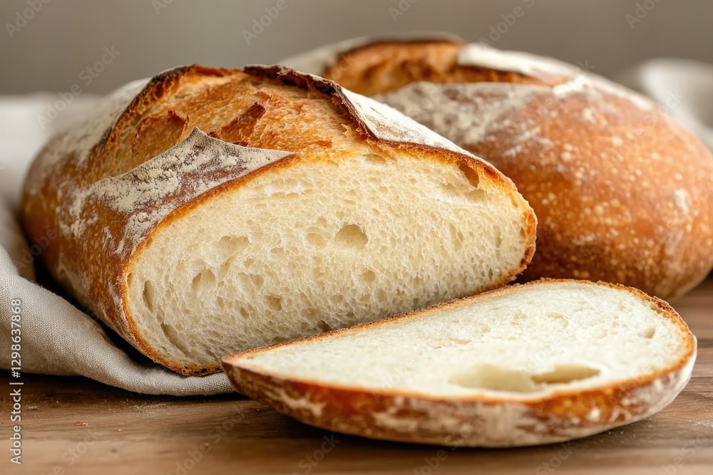 Freshly baked bread loaves with crispy crust and soft, airy inte Freshly baked bread loaves with crispy crust and soft, airy inte