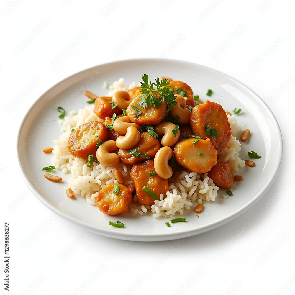 white plate of chicken sauted cashew nuts and rice on white background
white plate of chicken sauted cashew nuts and rice on white background