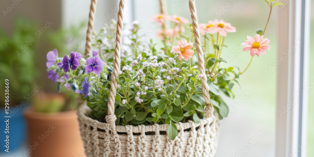 Hanging basket of colorful flowers by a window. Hanging basket of colorful flowers by a window.